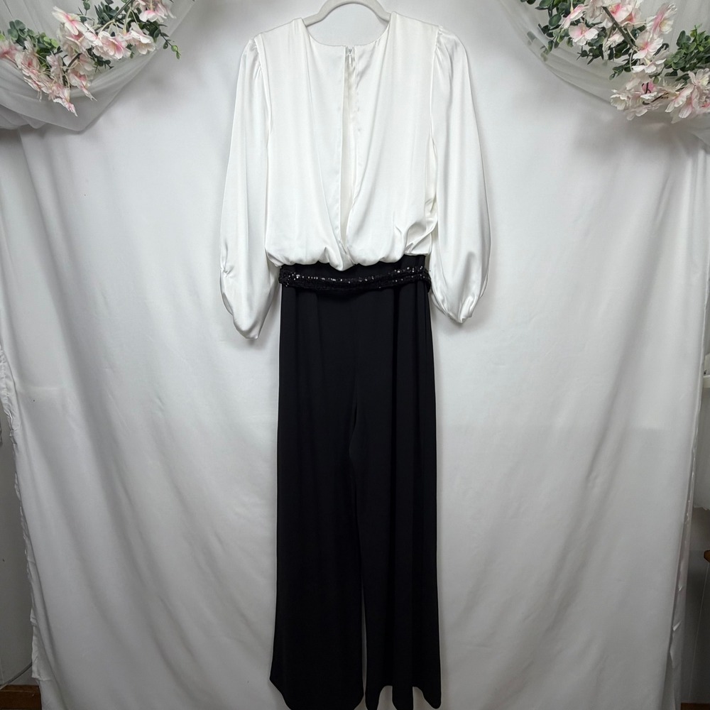 Jessica Howard Womens Sequin Sash Wide Leg Jumpsuit JC4M6472 Black White 12